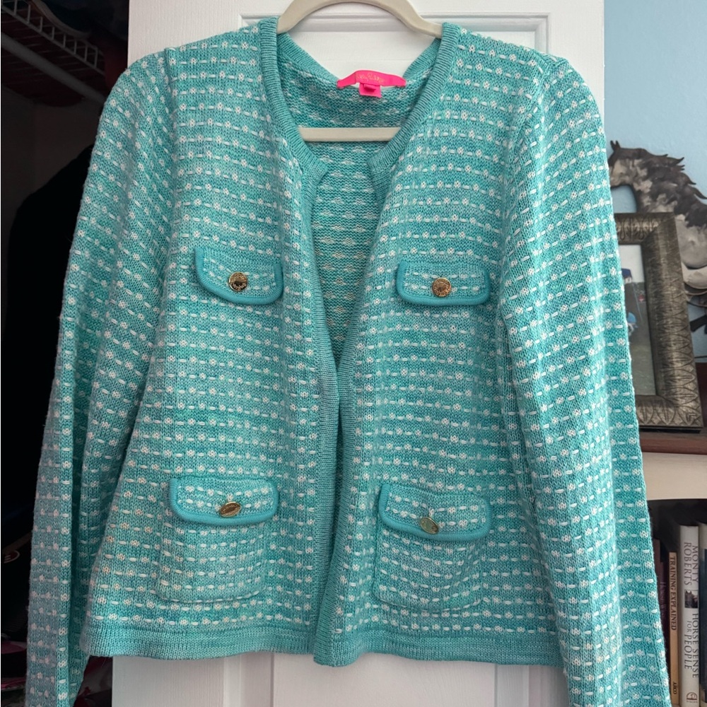 Lilly Pulitzer Turquoise Cardigan with Gold Buttons